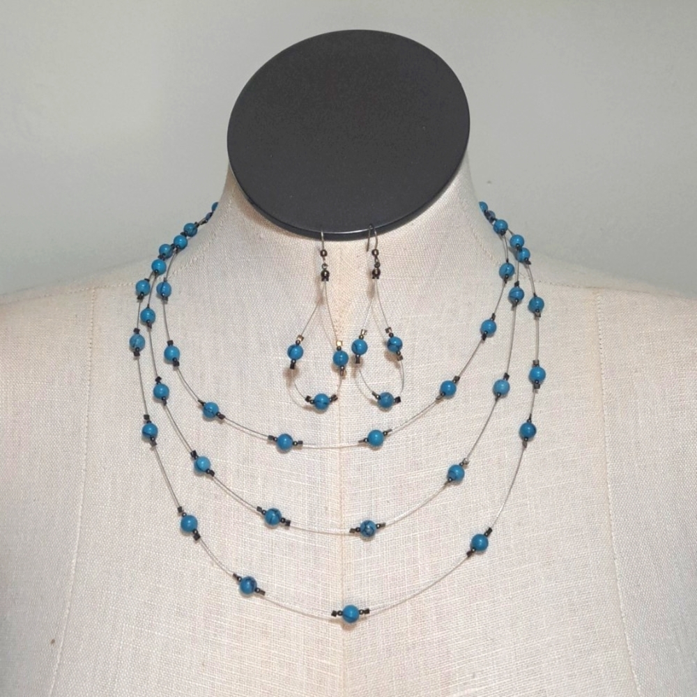 Hand Crafted Necklace & Earring Set Heirloom Sterling Blue Beaded Multistrand